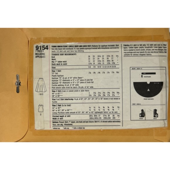 Vintage ©1979 Simplicity 9154 - Junior/Teens Circle Skirt & Lined Vest - Picture 2 of 2